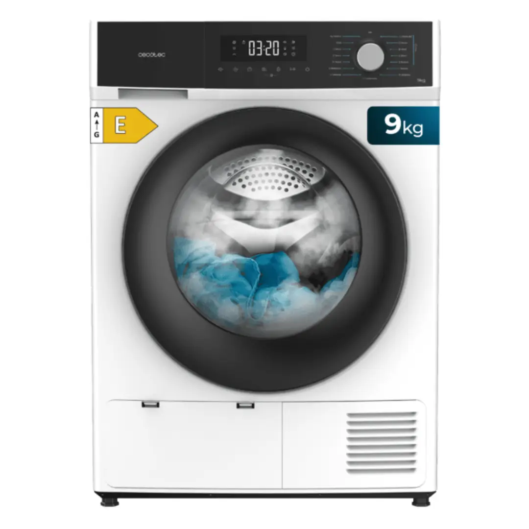 Secadora Cecotec Bolero DressCode Dry 9330 con capacidad de 9 kg, tecnología de bomba de calor, eficiencia energética Clase E, diseño moderno y compacto para cualquier hogar.