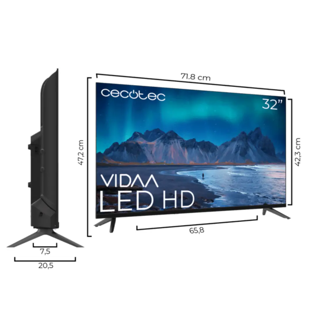 Imagen con las dimensiones del televisor Cecotec ALH50032 A5 de 32 pulgadas, mostrando altura, anchura y grosor del panel.