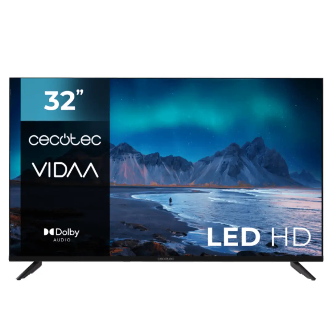 Imagen frontal del televisor LED Cecotec ALH50032 A5 de 32 pulgadas, con resolución HD, sistema Smart TV VIDAA y Dolby Audio.