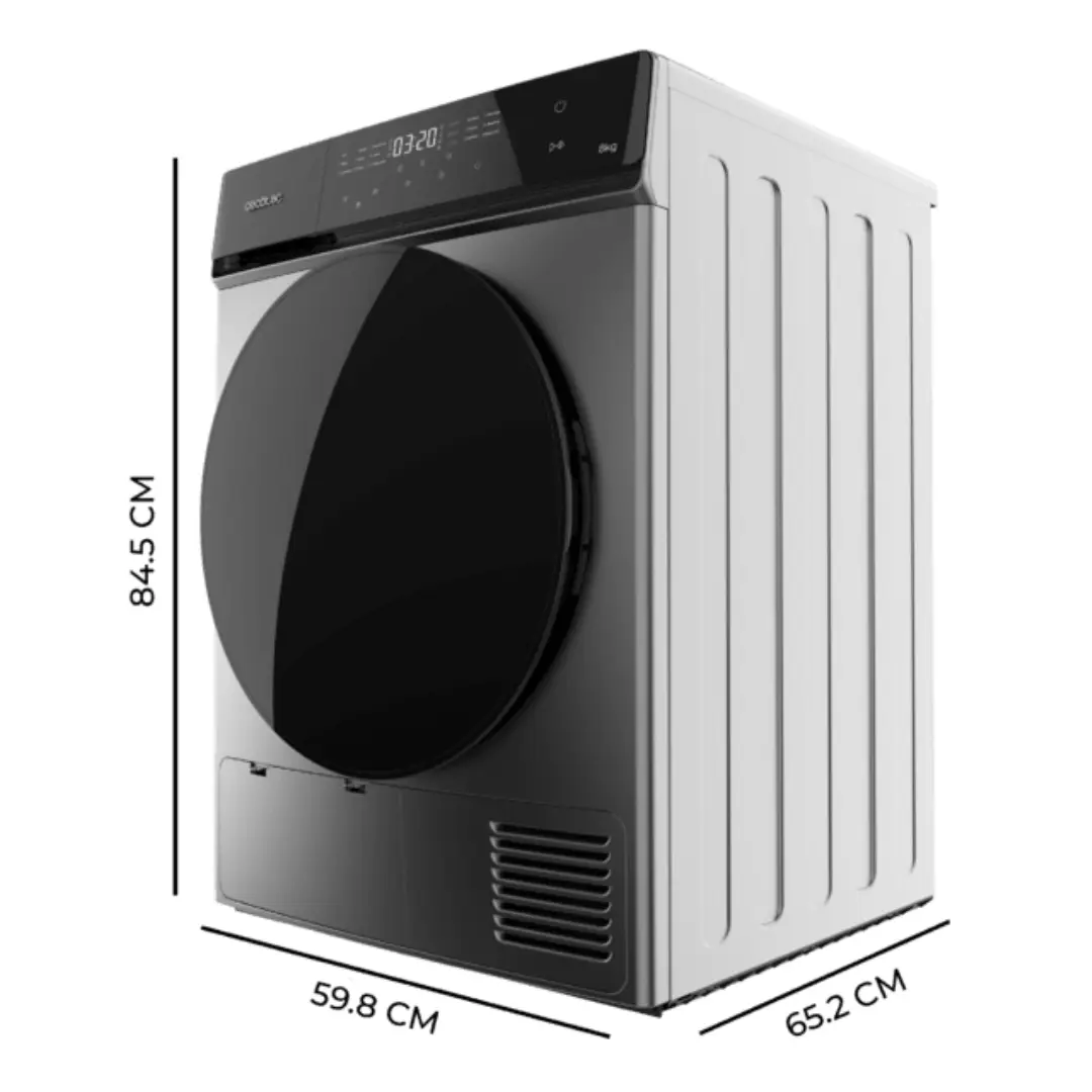 Dimensiones de la secadora Cecotec Dry 8400 Steel, altura, anchura y profundidad, capacidad 8 kg, ideal para planificación del espacio en lavandería o cocina.
