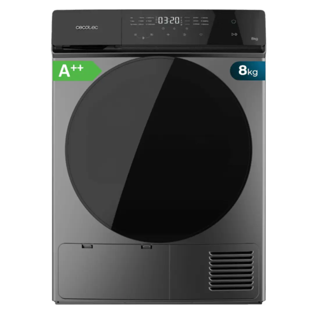 Secadora Cecotec Dry 8400 Steel en color Dark Inox, capacidad 8 kg, tecnología de bomba de calor, eficiencia energética Clase E, diseño moderno y elegante para el hogar.