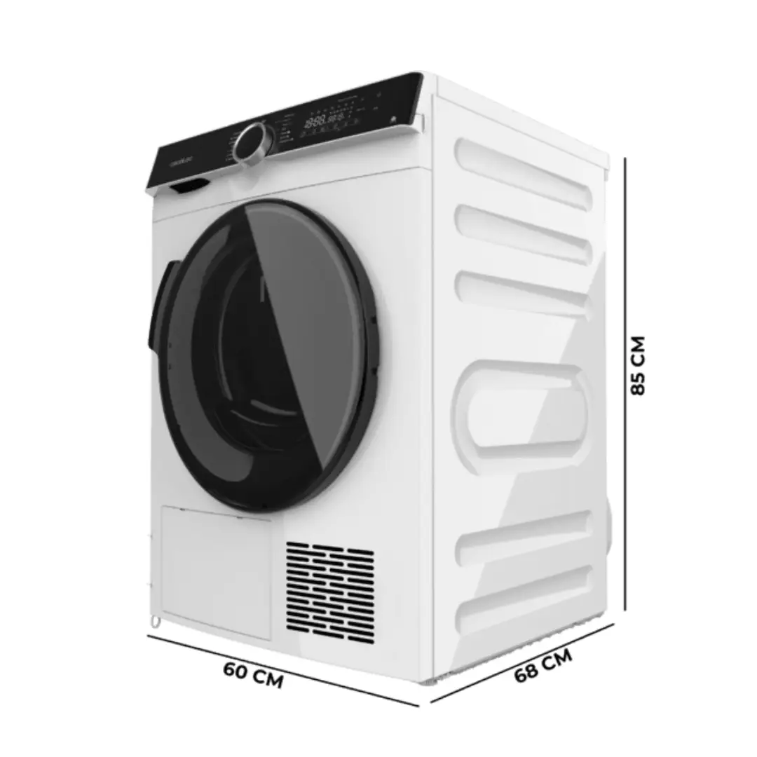 Dimensiones de la secadora Cecotec Bolero DressCode Dry 10505, altura, anchura y profundidad, capacidad de 10 kg, ideal para planificación del espacio en lavandería o cocina.
