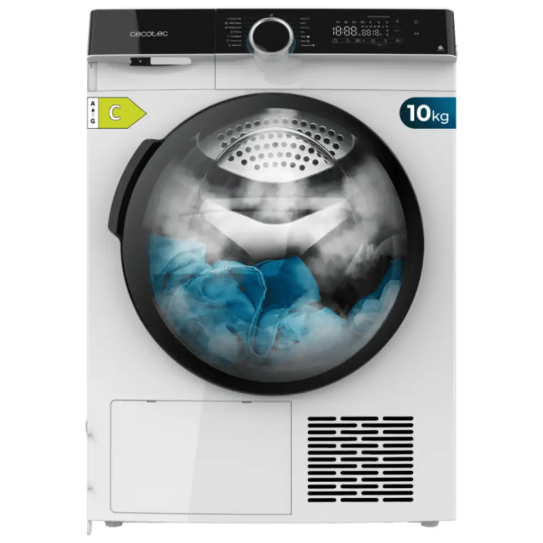 Secadora Cecotec Bolero DressCode Dry 10505 con capacidad de 10 kg, tecnología de bomba de calor, eficiencia energética Clase C, diseño moderno y funcional para el hogar.