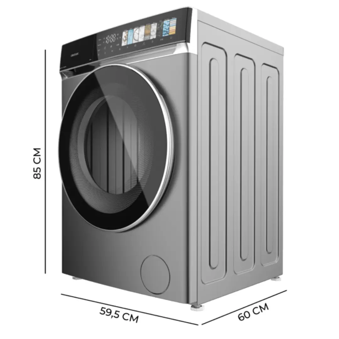 Imagen con las dimensiones de la lavadora Cecotec Bolero DressCode 8970 en color inox, mostrando altura, anchura y profundidad del aparato.
