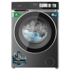 Imagen frontal de la lavadora Cecotec Bolero DressCode 8970 en acabado inox, con capacidad de 8 kg, 1400 rpm, motor Direct Drive y tecnología de vapor SteamMax.