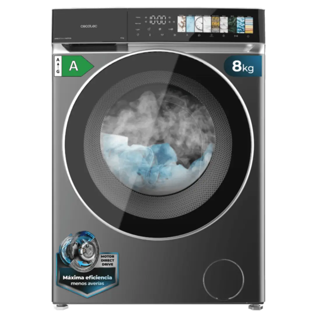 Imagen frontal de la lavadora Cecotec Bolero DressCode 8970 en acabado inox, con capacidad de 8 kg, 1400 rpm, motor Direct Drive y tecnología de vapor SteamMax.