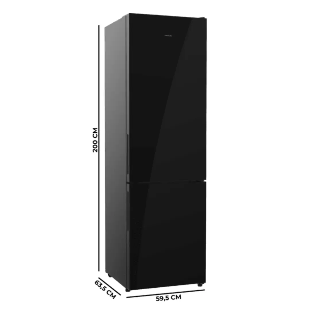 Imagen con las dimensiones del frigorífico combi Cecotec A01_EU01_120296 en cristal negro, indicando altura de 200 cm, ancho de 60 cm y profundidad del aparato.