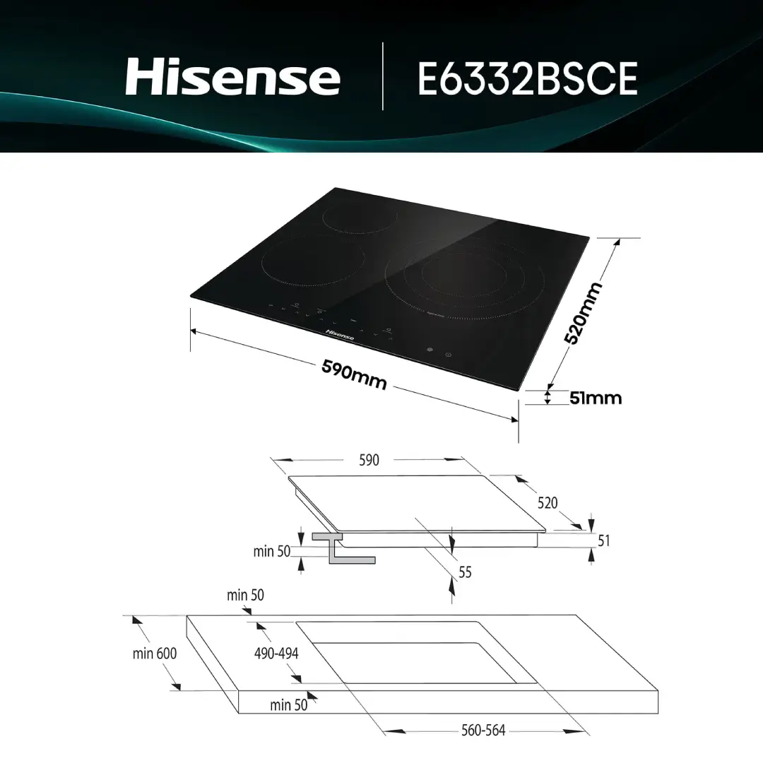 Imagen con las dimensiones de la placa vitrocerámica Hisense E-6332BSCE, mostrando ancho, profundidad y disposición de las 3 zonas de cocción.
