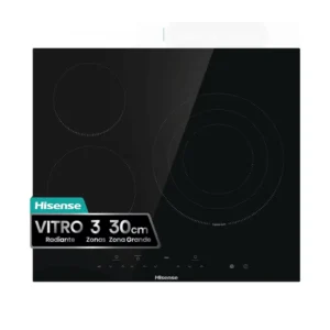 Imagen frontal de la placa vitrocerámica Hisense E-6332BSCE en acabado negro, con 3 zonas de cocción, potencia de 5.7 kW y ancho de 60 cm.