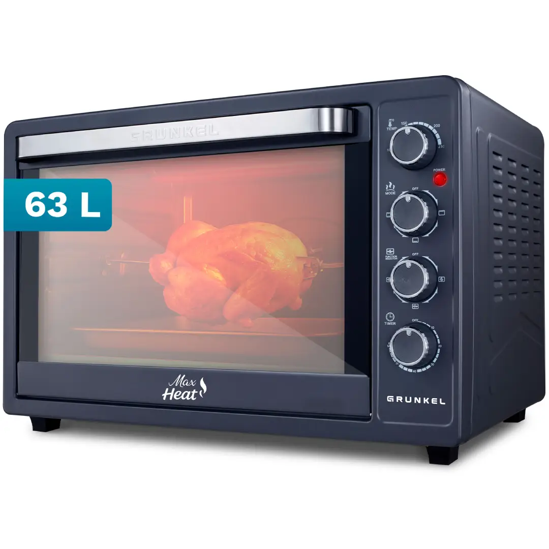 Imagen del mini horno Grunkel HR-63MAX en color negro, con 63 litros de capacidad, 2200W de potencia y sistema de convección para una cocción uniforme y profesional.