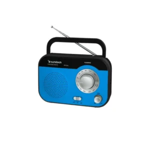 Imagen frontal de la radio portátil Sunstech RPS-560BL en color negro, con sintonizador AM/FM y diseño compacto para transporte fácil.