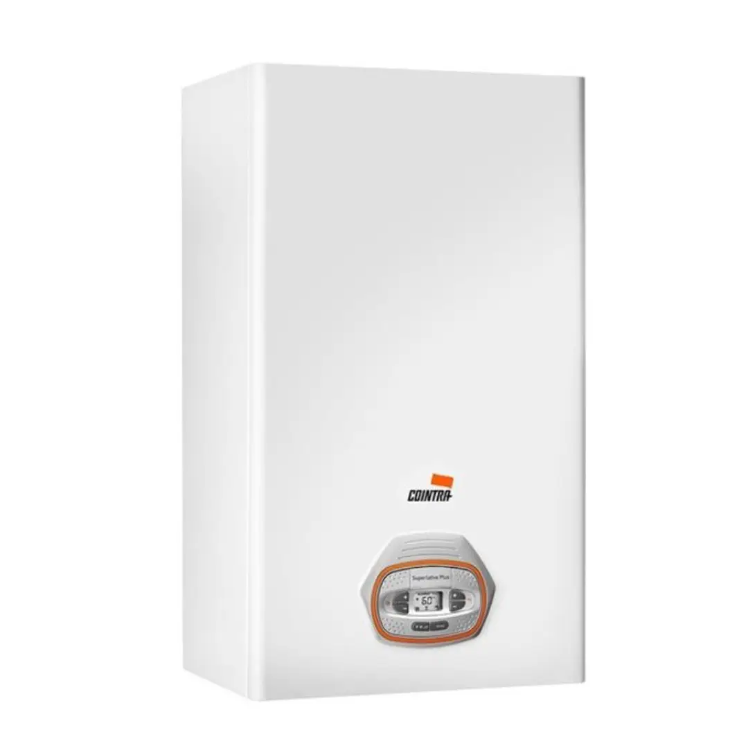 Imagen frontal de la caldera de condensación Cointra Superlative Plus 24 C, con potencia de 24 kW, clasificación energética A y kit de instalación incluido, ideal para calefacción y agua caliente sanitaria.
