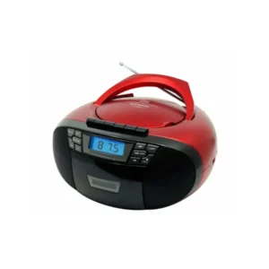 Imagen frontal de la radio CD cassette Sunstech CXUM-53RD en color rojo, con reproductor de CD, cassette, puerto USB y entrada AUX.