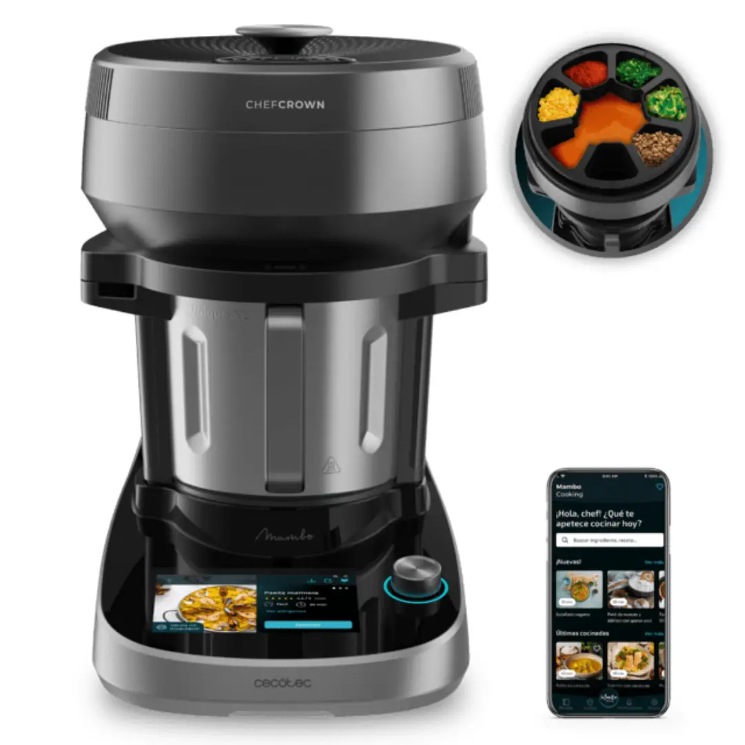 Imagen del robot de cocina Cecotec Mambo Unique 04701 utilizando la app de recetas, mostrando conectividad y control desde el dispositivo móvil.
