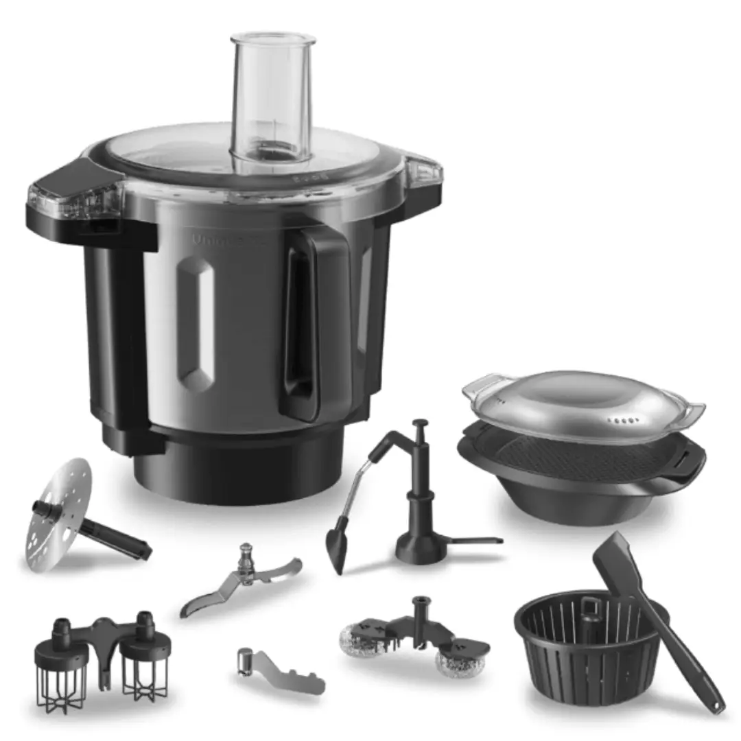 Imagen del robot de cocina Cecotec Mambo Unique 04701 con todos sus accesorios incluidos, como cuchillas, cestillo, espátula y otros complementos.