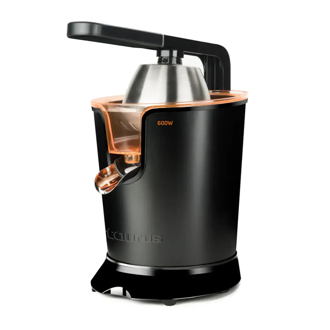 Imagen frontal del exprimidor de brazo Taurus Easy Press 600 en acabado Dark Inox, con potencia de 600 W y diseño robusto para un exprimido cómodo.