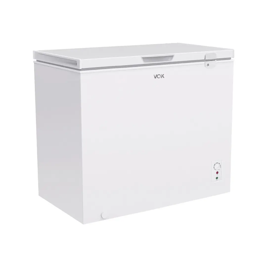 Imagen frontal del congelador horizontal VOK EVF-291CDEW en color blanco, con diseño compacto de 112 cm y gran capacidad de 291 litros.