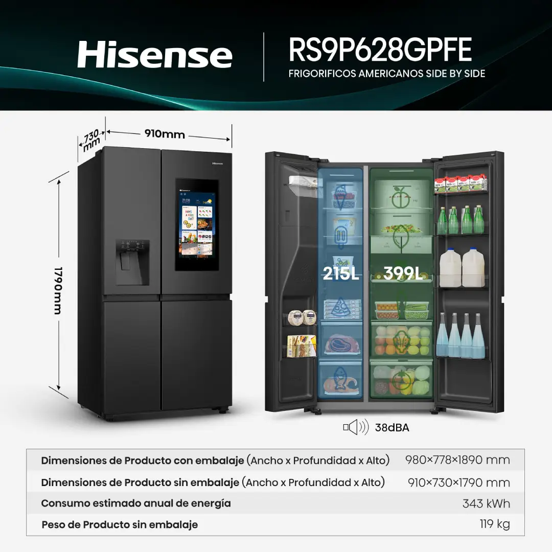Imagen con las dimensiones del frigorífico Hisense RS-9P628GPFE en acabado negro, mostrando altura de 179 cm, anchura de 91 cm y profundidad del aparato.