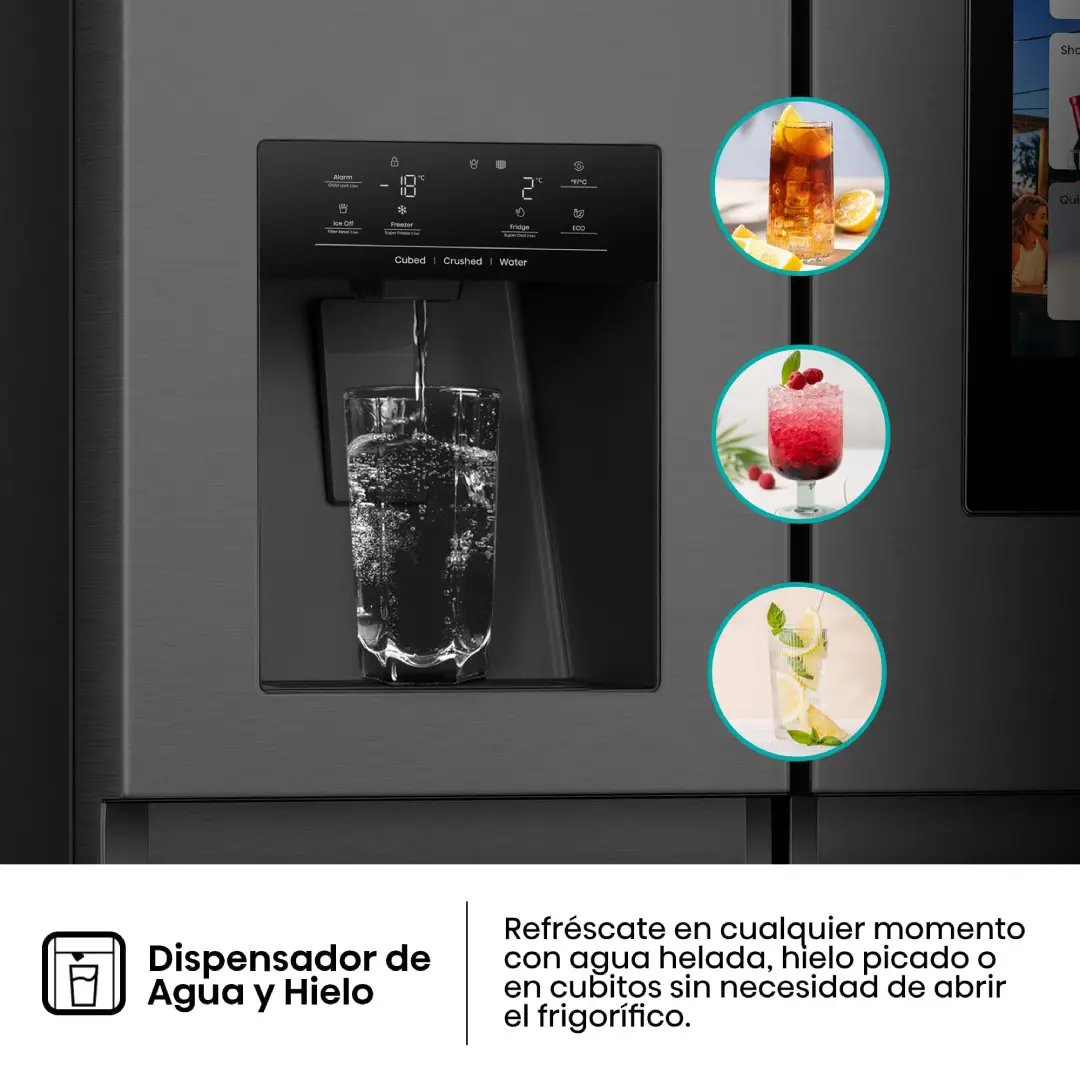 Imagen en primer plano del dispensador de agua y hielo del frigorífico Hisense RS-9P628GPFE en color negro.