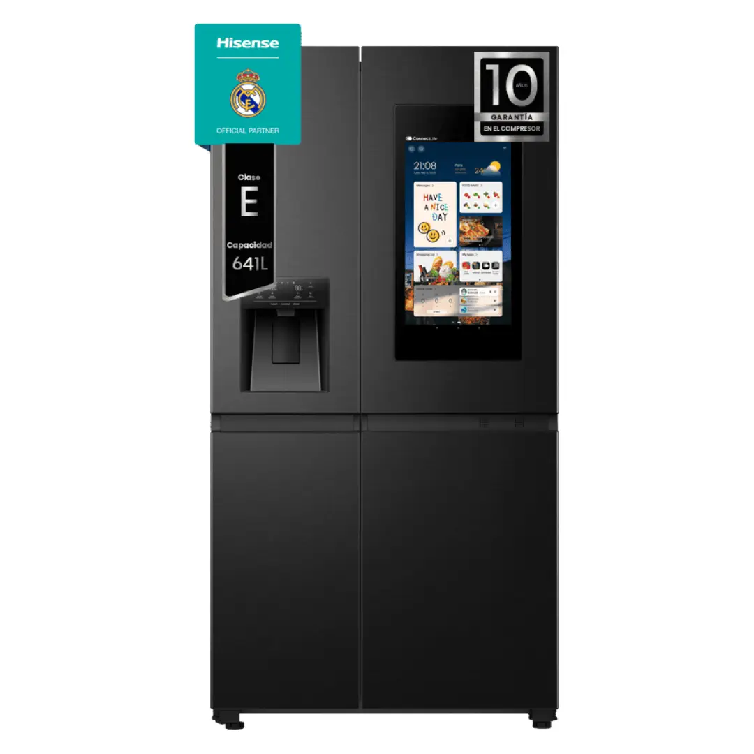 Imagen frontal del frigorífico americano Hisense RS-9P628GPFE en color negro, tipo Side by Side, con dispensador de agua y hielo y diseño elegante.