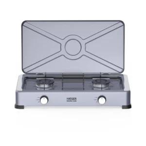 Imagen frontal de la cocina portátil de gas HAEGER GC-02E.022A Double, con dos fuegos y tapa de aluminio, ideal para uso portátil y cocinas auxiliares.