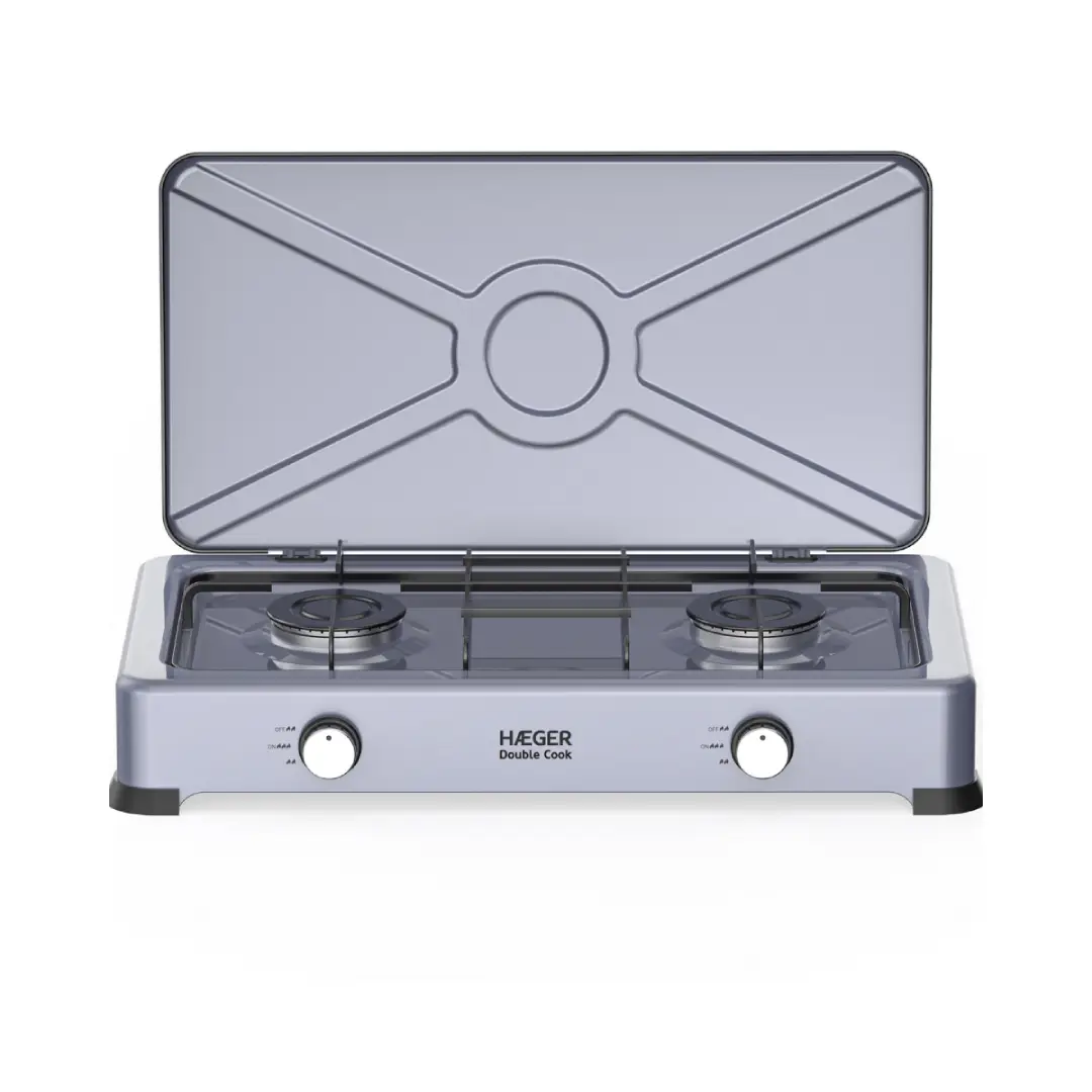Imagen frontal de la cocina portátil de gas HAEGER GC-02E.022A Double, con dos fuegos y tapa de aluminio, ideal para uso portátil y cocinas auxiliares.
