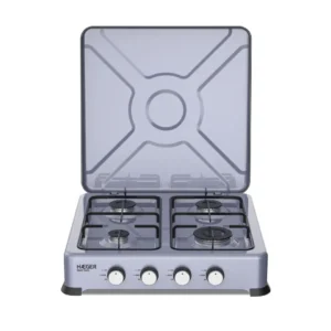Imagen frontal de la cocina portátil de gas HAEGER GC-04E.023A, con cuatro fuegos y tapa de aluminio, ideal para uso portátil y cocinas auxiliares.