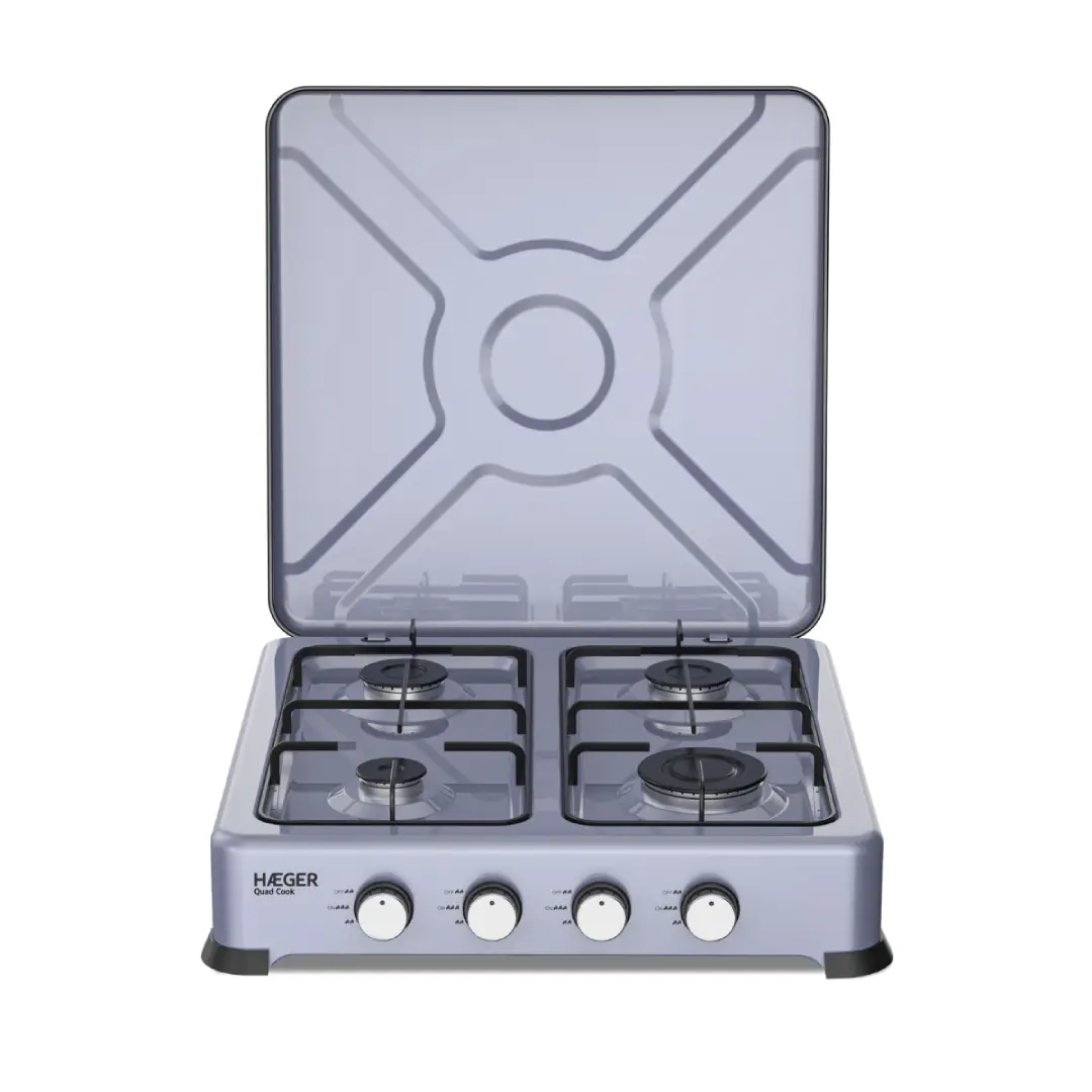 Imagen frontal de la cocina portátil de gas HAEGER GC-04E.023A, con cuatro fuegos y tapa de aluminio, ideal para uso portátil y cocinas auxiliares.