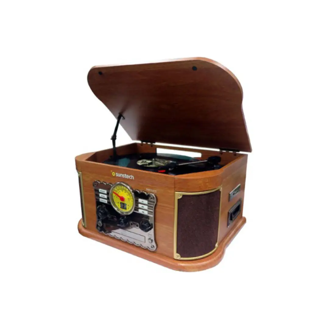 Imagen frontal del tocadiscos Sunstech PXRC-52CDWD en acabado madera, con conectividad Bluetooth y diseño clásico para reproducir vinilos y audio inalámbrico.