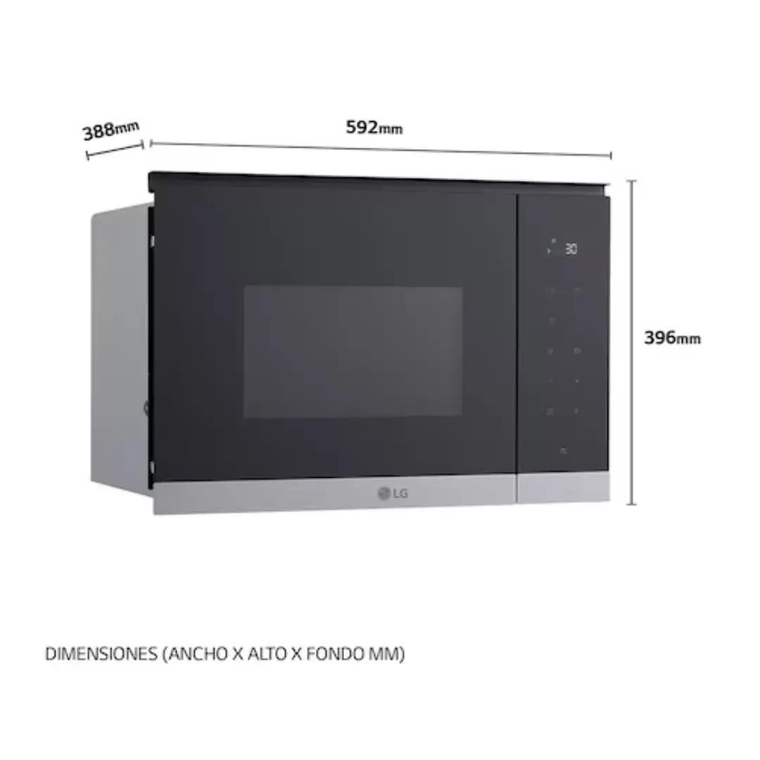 Imagen con las dimensiones del microondas de encastre LG MG-7Z2593D, mostrando las medidas de encastre y dimensiones exteriores del aparato.