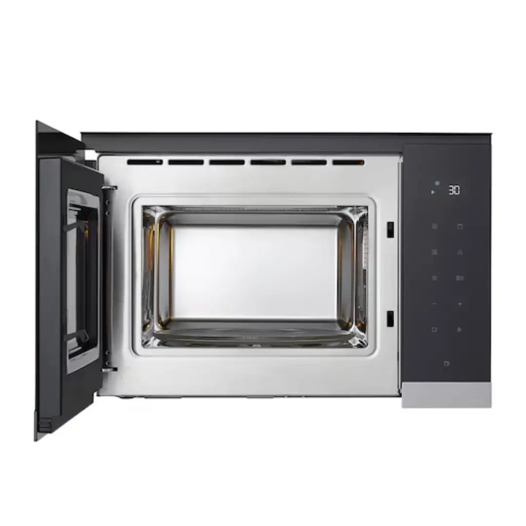 Imagen del microondas de encastre LG MG-7Z2593D con la puerta abierta, mostrando el interior y la capacidad de 25 litros.