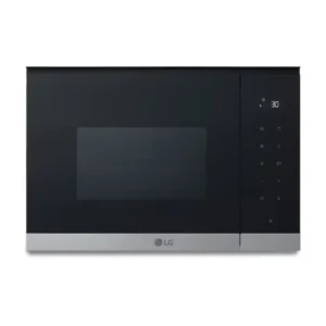 Imagen frontal del microondas de encastre LG MG-7Z2593D en acabado cristal negro, con capacidad de 25 litros, potencia de 900 W y función grill integrada.
