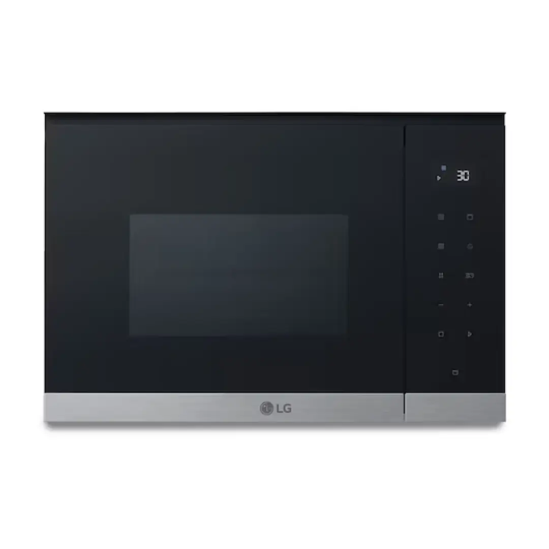 Imagen frontal del microondas de encastre LG MG-7Z2593D en acabado cristal negro, con capacidad de 25 litros, potencia de 900 W y función grill integrada.