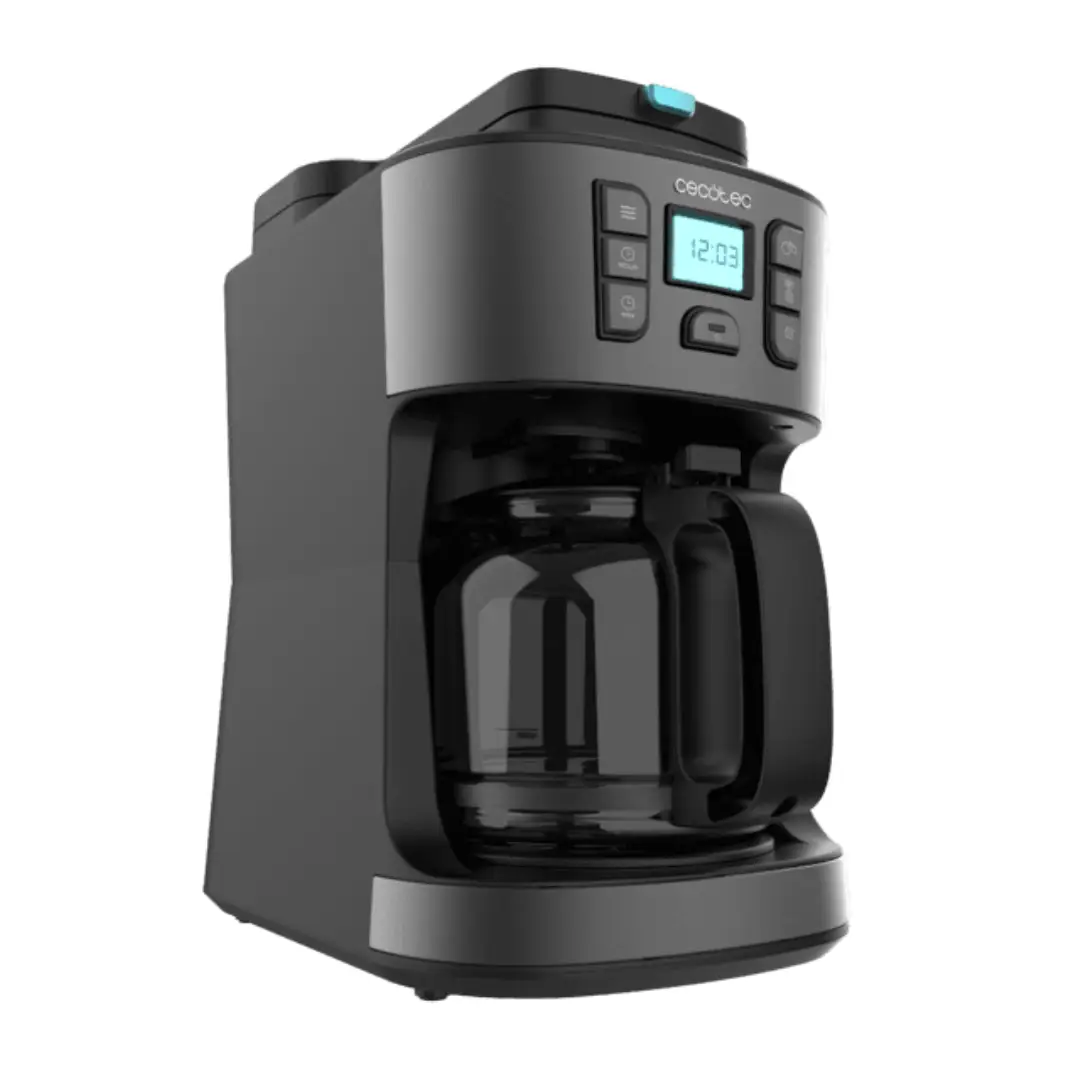 Imagen lateral de la cafetera Cecotec Coffee 66 Grind & Drop, mostrando el diseño del molinillo integrado y el depósito de agua.