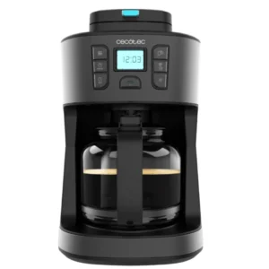 Imagen frontal de la cafetera de goteo Cecotec Coffee 66 Grind & Drop, con molinillo integrado, capacidad para 12 tazas y funciones programables.