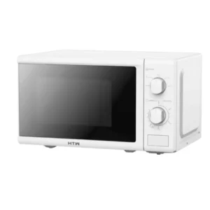 Imagen frontal del microondas HTW HTW-MIC700CD6-GR en color blanco, con capacidad de 20 litros, potencia de 700 W, grill de 1000 W y control mecánico.