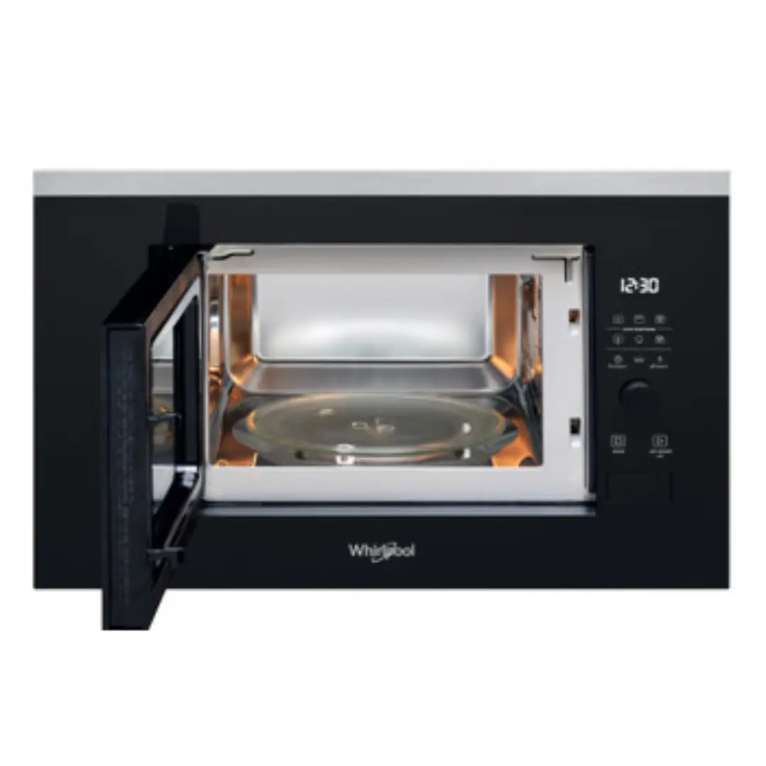 Imagen del microondas Whirlpool WMF-201G Dark Inox con la puerta abierta, mostrando el interior de 20 litros y la parrilla del grill.