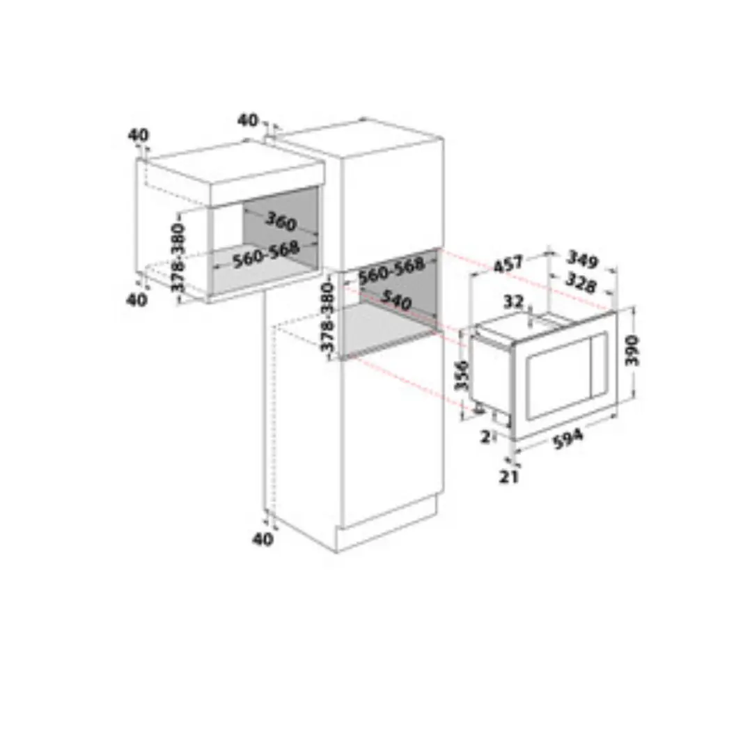 Imagen con las dimensiones del microondas de encastre Whirlpool WMF-201G en acabado Dark Inox, indicando altura, anchura y profundidad para su correcta instalación.