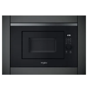 Imagen frontal del microondas de encastre Whirlpool WMF-201G en acabado Dark Inox, con capacidad de 20 litros, función grill y potencia de 800 W.