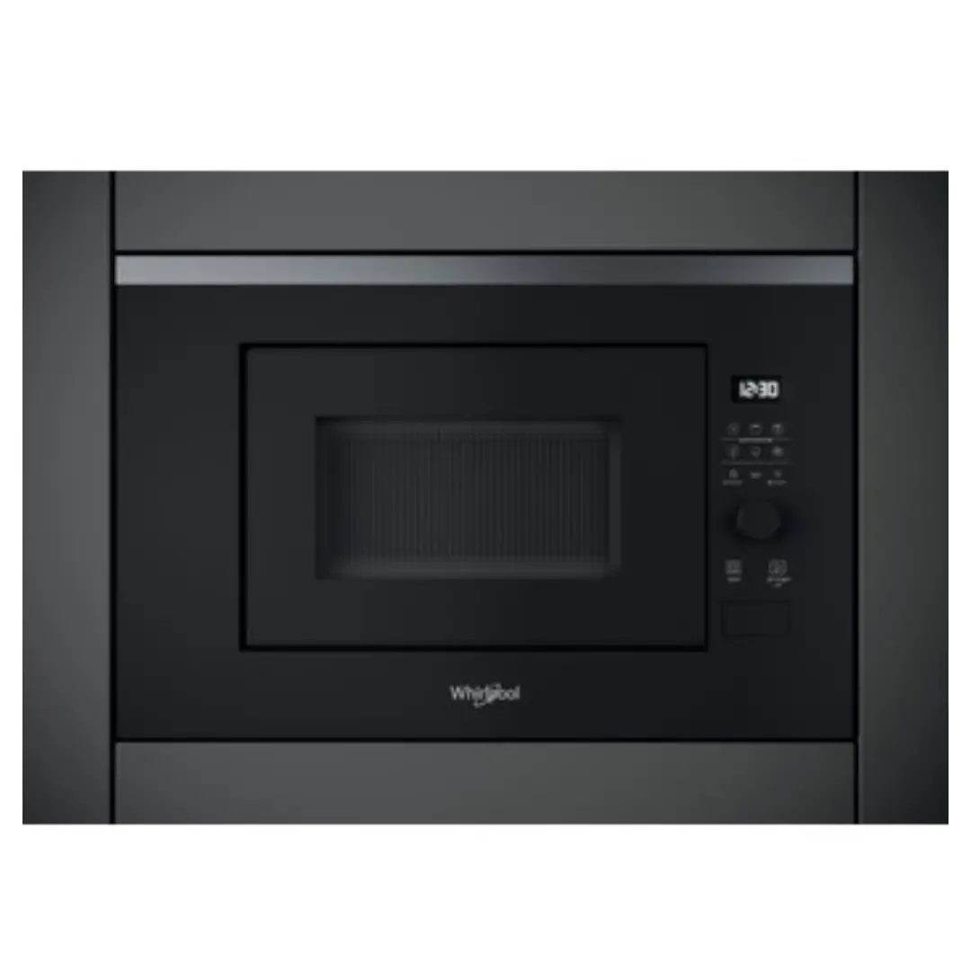 Imagen frontal del microondas de encastre Whirlpool WMF-201G en acabado Dark Inox, con capacidad de 20 litros, función grill y potencia de 800 W.