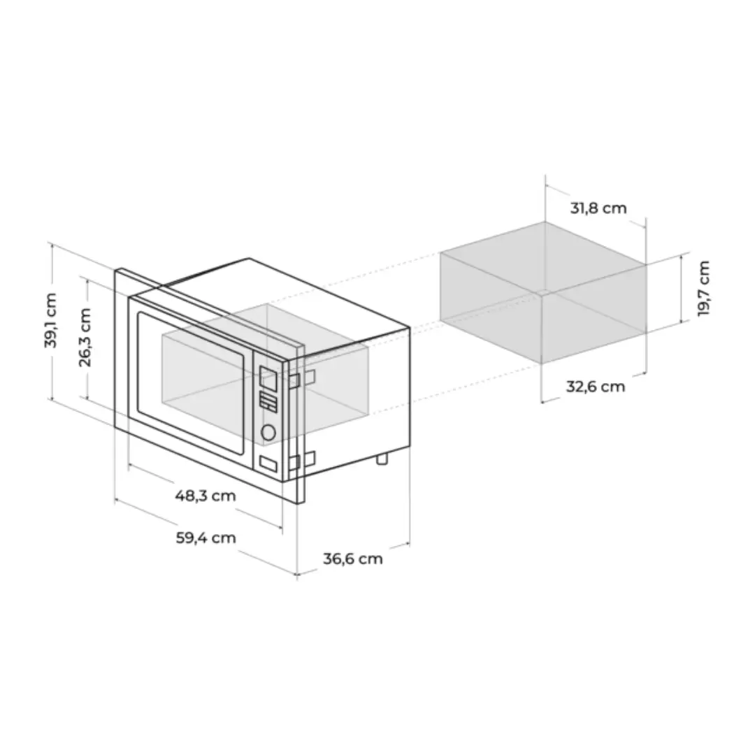 Imagen con el esquema de medidas generales del microondas Cecotec GrandHeat 2500 Built-In Steel, incluyendo hueco de encastre y dimensiones exteriores.
