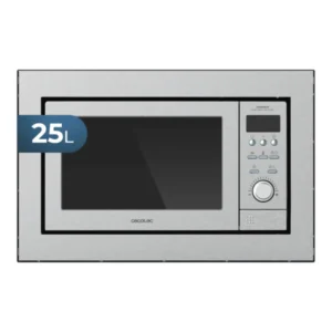 Imagen frontal del microondas de encastre Cecotec GrandHeat 2500 Built-In Steel en acabado inox, con capacidad de 25 litros, potencia de 900 W y función grill.