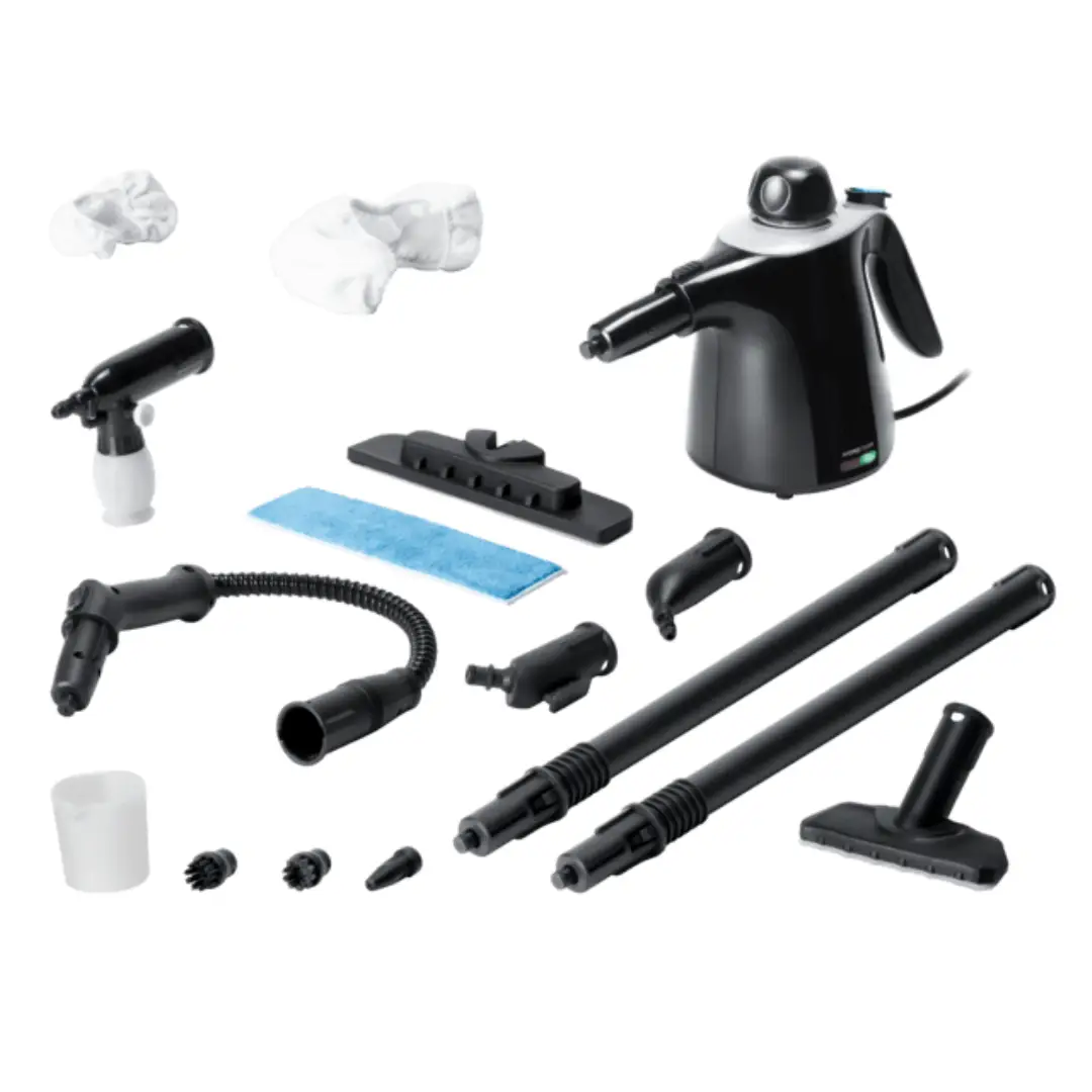 Imagen del limpiador de vapor Cecotec Steam 1040 acompañado de sus 15 accesorios incluidos, mostrando boquillas, cepillos y complementos para limpieza completa.