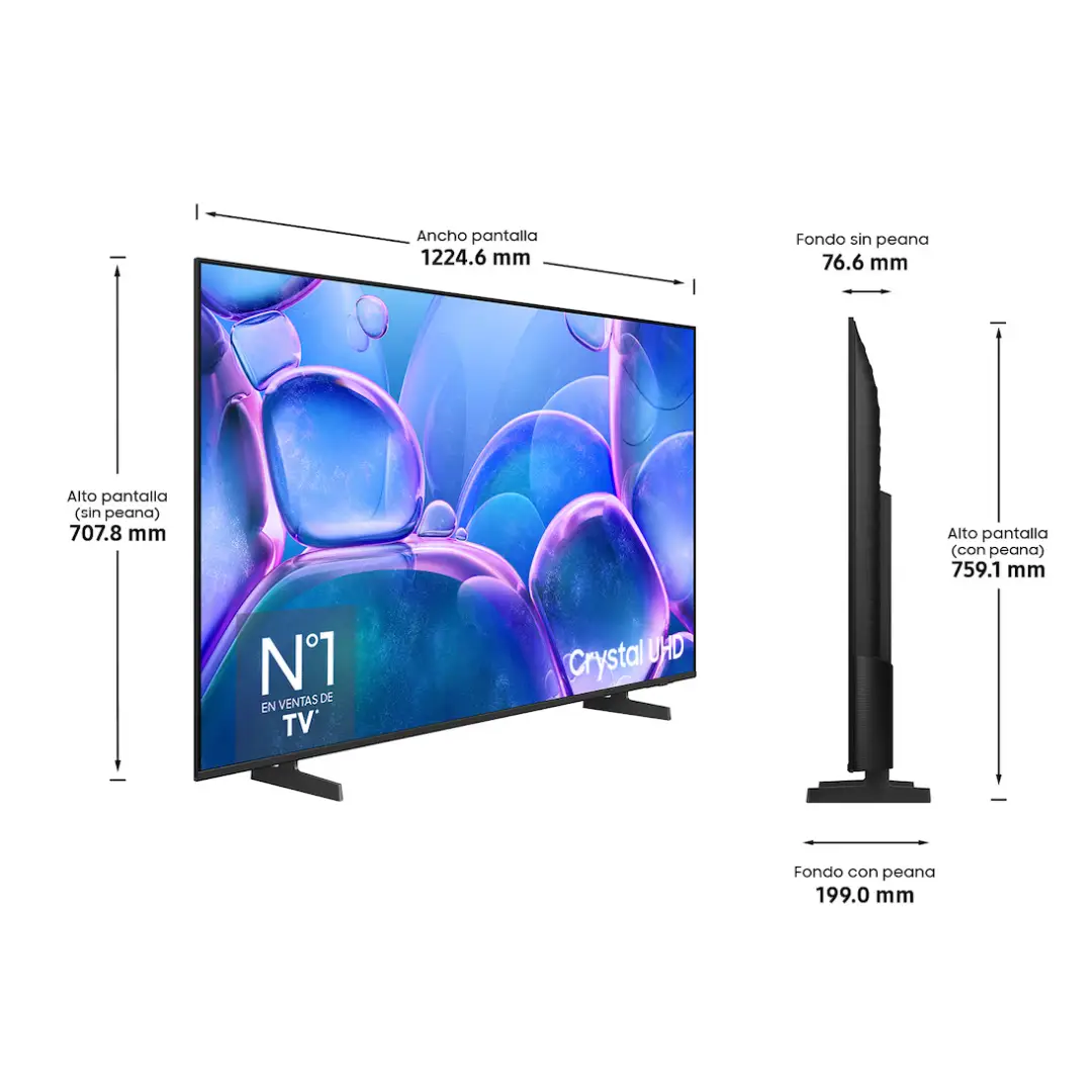 Imagen con las dimensiones de la Smart TV Samsung TU-55U7025FKXXC de 55 pulgadas, mostrando el ancho, alto y profundidad del televisor.