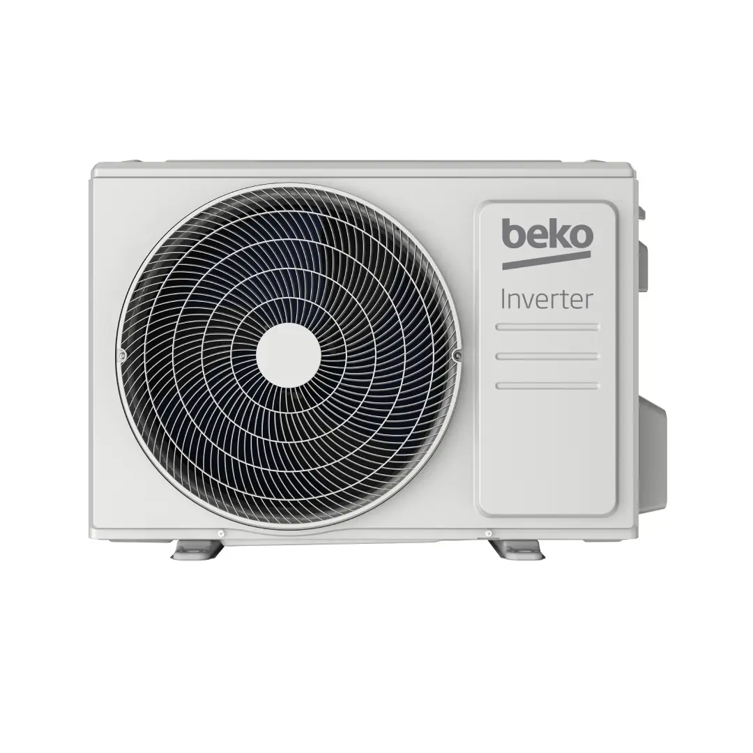 Imagen de la unidad exterior del aire acondicionado Beko BEHPG-095 Inverter, diseñada para un funcionamiento eficiente y silencioso.