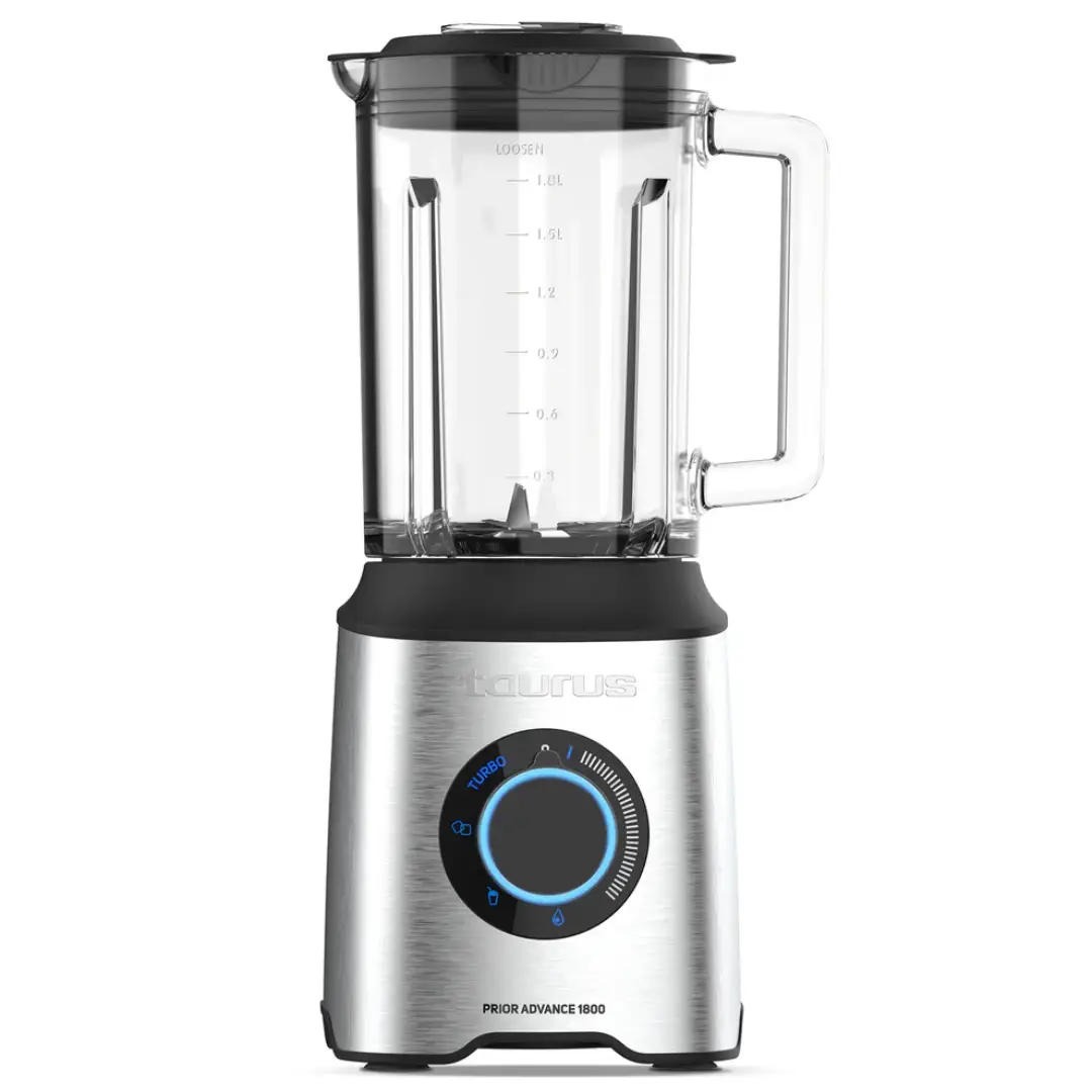 Imagen frontal de la batidora de vaso Taurus Prior Advance 1800, con potencia de 1800 W, jarra de cristal de 2 litros y 4 funciones de uso.