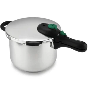 Imagen frontal de la olla rápida Magefesa Dynamic 5 L en acabado inox, con capacidad de 5 litros y presión de 80 kPa para cocinar de forma rápida y segura.