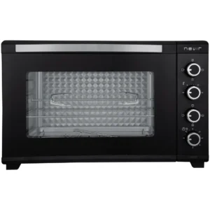 Imagen frontal del mini horno Nevir NVR-9856HCL, con capacidad de 60 litros, potencia de 2000 W y funciones de convección y asador para una cocción uniforme.