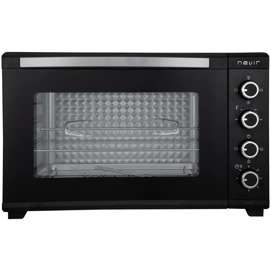 Imagen frontal del mini horno Nevir NVR-9856HCL, con capacidad de 60 litros, potencia de 2000 W y funciones de convección y asador para una cocción uniforme.