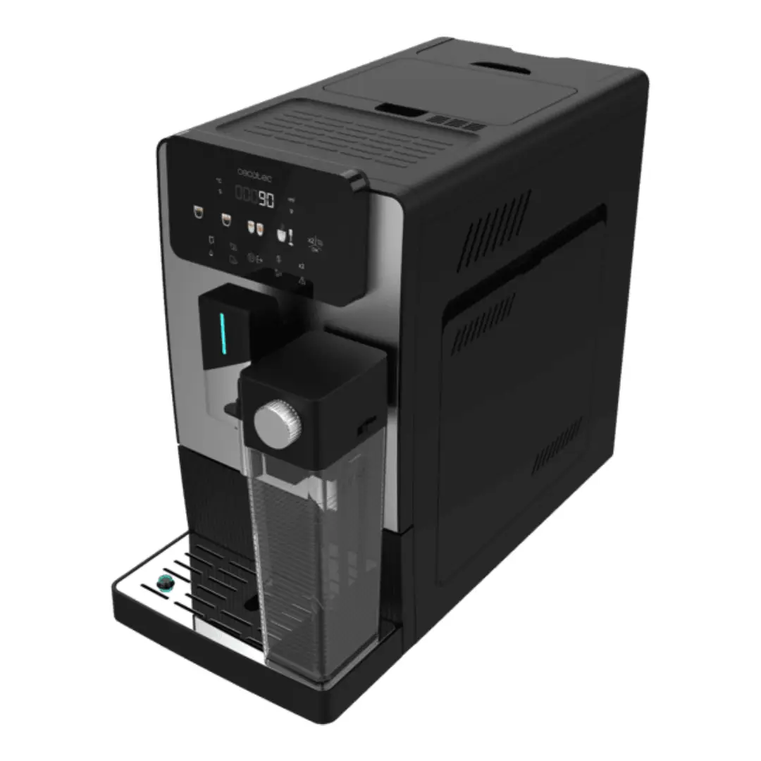 Imagen lateral de la cafetera automática Cecotec Cremmaet Latte, mostrando su diseño compacto y acabados modernos con pantalla táctil integrada.